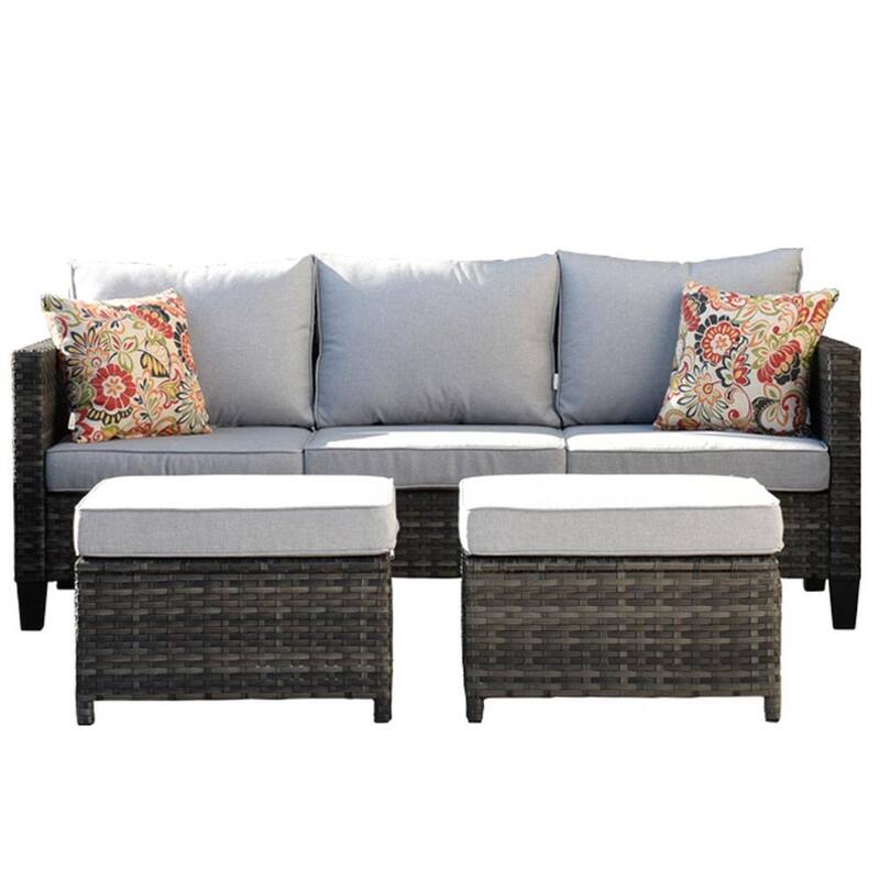 New Vultros Gray 3-Piece Wicker Outdoor Lounge Chair with Gray Cushions and 2 Ottomans-Paradise Island Wear
