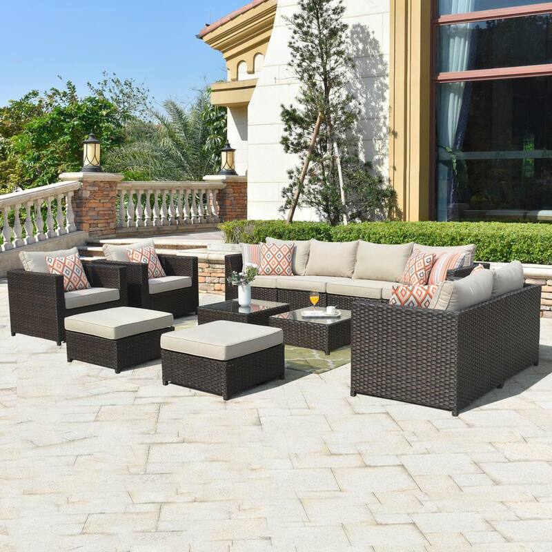 King 12-Piece Big Size Wicker Outdoor Patio Conversation Seating Set with Beige Cushions-Paradise Island Wear