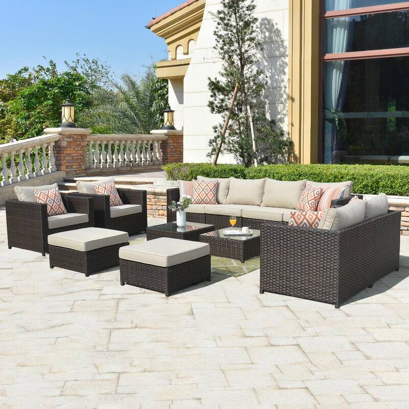 King 12-Piece Big Size Wicker Outdoor Patio Conversation Seating Set with Beige Cushions-Paradise Island Wear