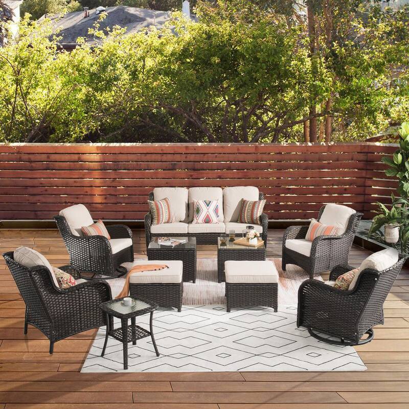 New 10-Piece Wicker Patio Conversation Set with Beige Cushions and Swivel Rocking Chairs-Paradise Island Wear