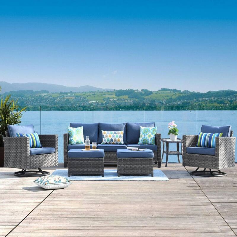 Positano 6-Piece Wicker Patio Conversation Set with Blue Cushions and Swivel Rocking Chairs-Paradise Island Wear