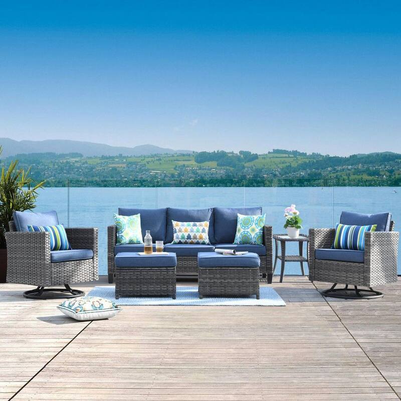 Positano 6-Piece Wicker Patio Conversation Set with Blue Cushions and Swivel Rocking Chairs-Paradise Island Wear
