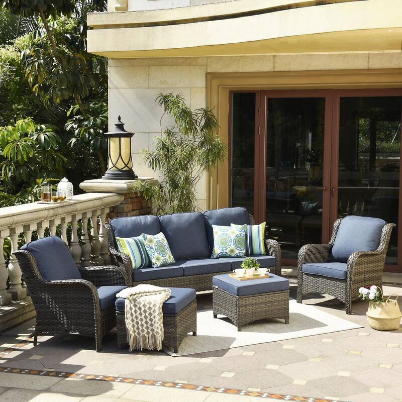 5-Piece Wicker Patio Conversation Seating Set with Denim Blue Cushions-Paradise Island Wear
