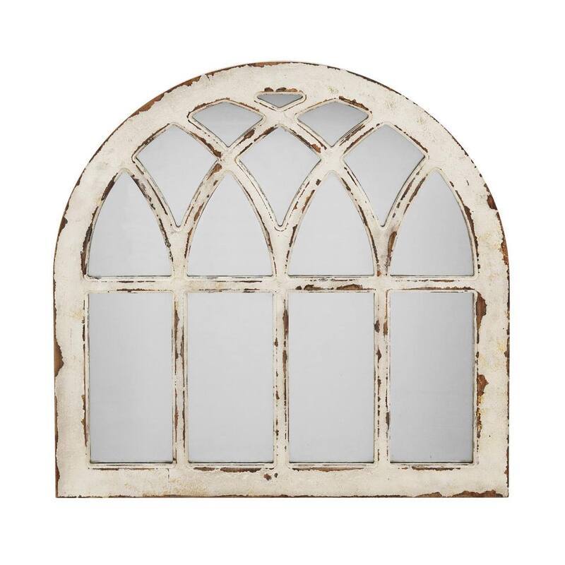 31.8 in. W x 31.8in.H Farmhouse Arched Windowpane Distressed Wood Framed Wall Mirror-Paradise Island Wear