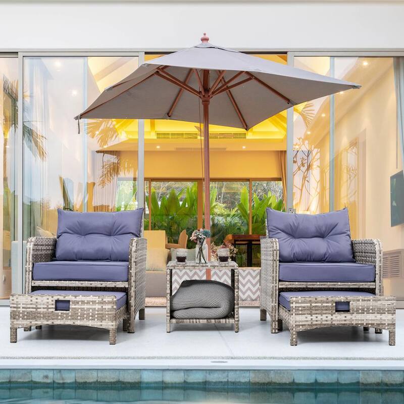 5-Pieces Wicker Patio Furniture Set Outdoor Patio Chairs with Ottomans, Purple Cushions-Paradise Island Wear