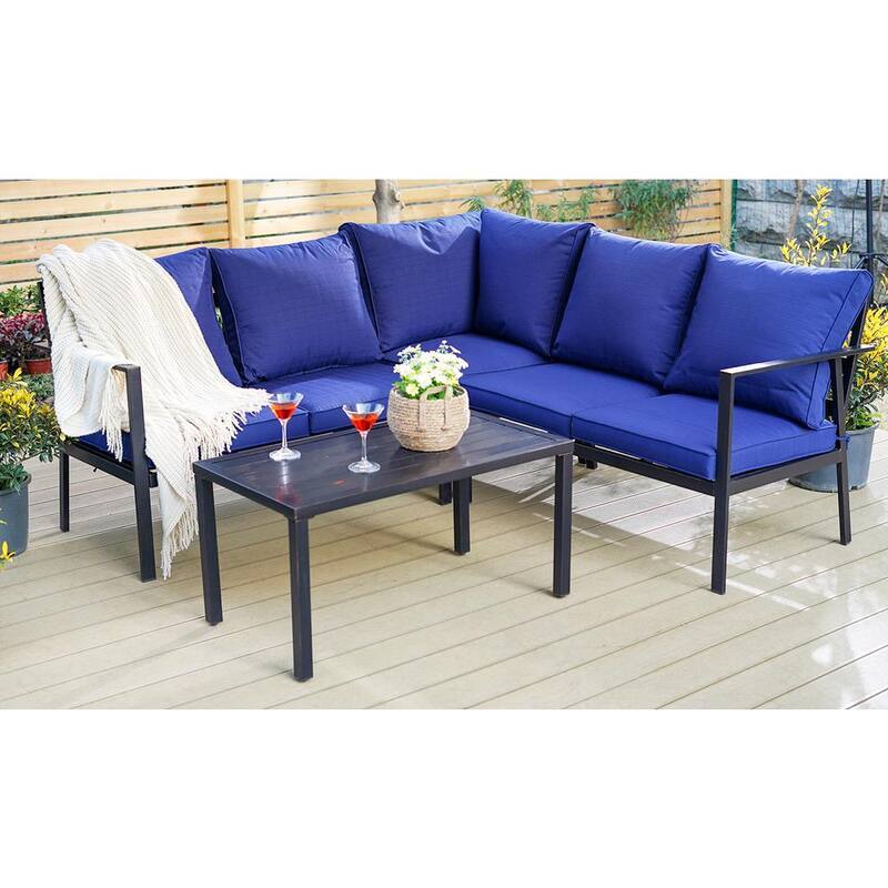 Black 6-Pieces Metal Patio Conversation Sectional Seating Set with CushionGuard Blue Cushions-Paradise Island Wear
