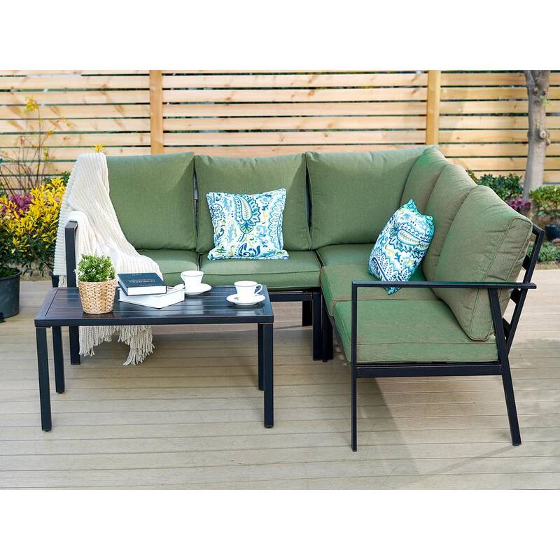 Black 6-Pieces Metal Patio Conversation Sectional Seating Set with Cushions-Paradise Island Wear