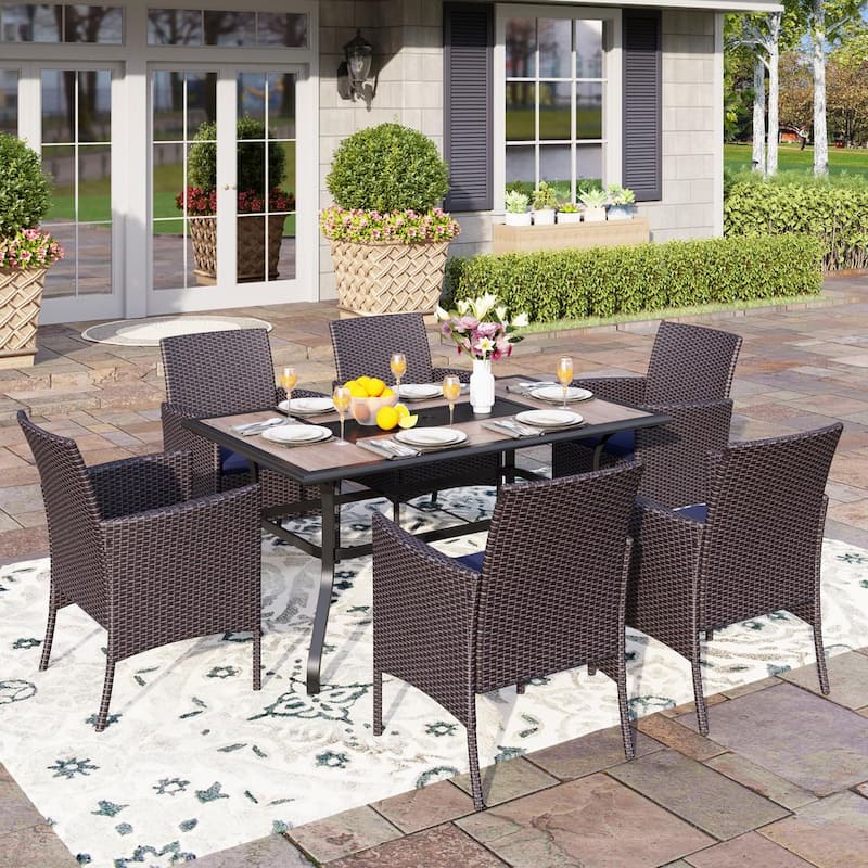 Black 7-Piece Metal Patio Outdoor Dining Set with Geometric Rectangle Table and Rattan Chairs with Blue Cushion-Paradise Island Wear
