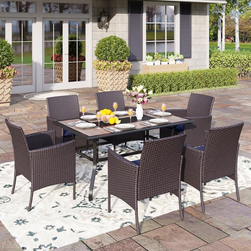 Black 7-Piece Metal Patio Outdoor Dining Set with Geometric Rectangle Table and Rattan Chairs with Blue Cushion-Paradise Island Wear