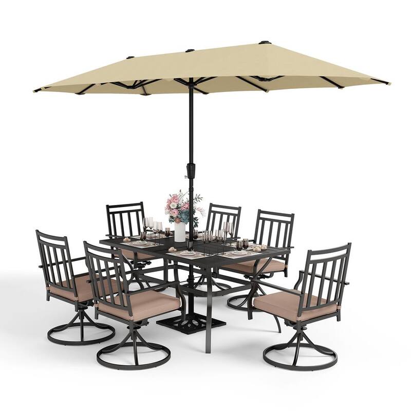 Black 8-Piece Metal Patio Outdoor Dining Set with Slat Table, Umbrella and Swivel Chairs with Beige Cushions-Paradise Island Wear