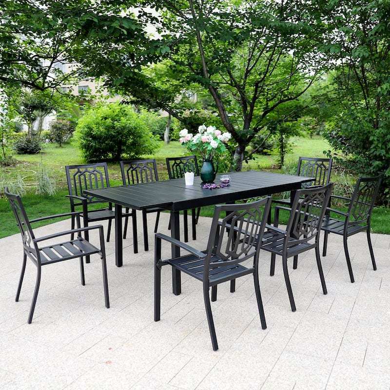 Black 9-Piece Metal Patio Outdoor Dining Set with Extendable Table and Fashion Chairs-Paradise Island Wear