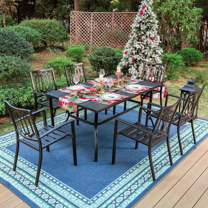 Black 7-Piece Metal Rectangle Patio Outdoor Dining Set with Slat Table and Fashion Stackable Chairs-Paradise Island Wear