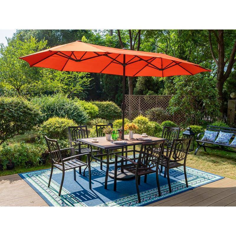 Black 8-Piece Metal Patio Outdoor Dining Set with Wood-Look Table, Fashion Stackable Chairs and Red Umbrella-Paradise Island Wear