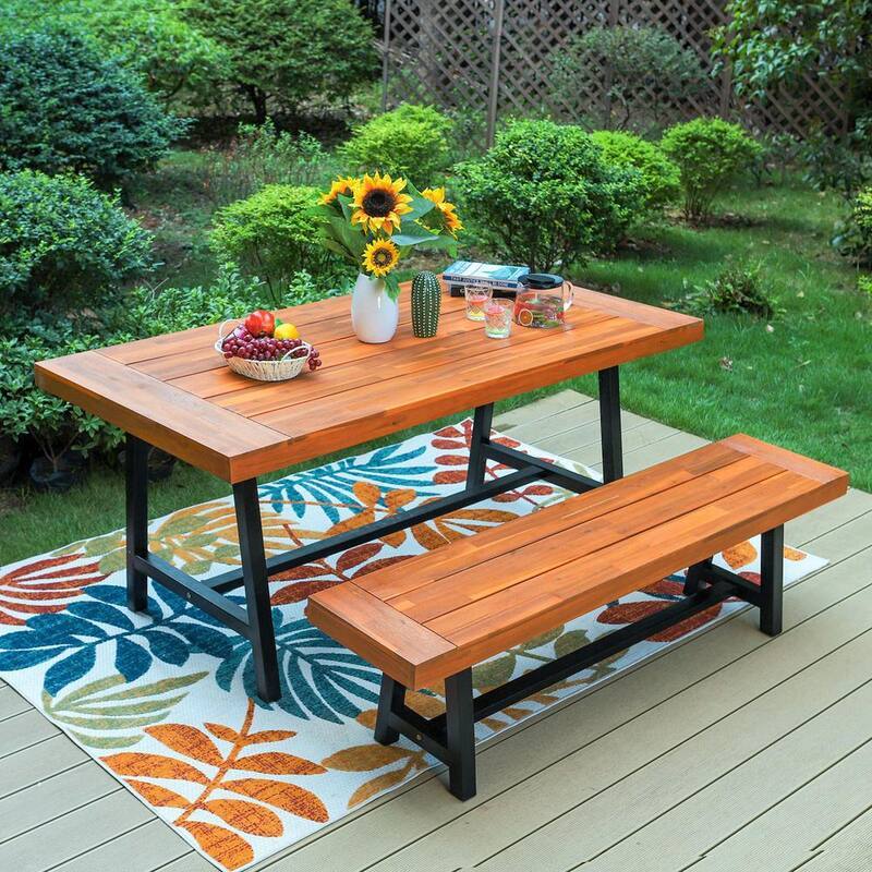 Black?2-Piece Patio?Acacia?Wood?Outdoor?Dining?Set?with?Rectangular?Table?and?Long?Bench-Paradise Island Wear