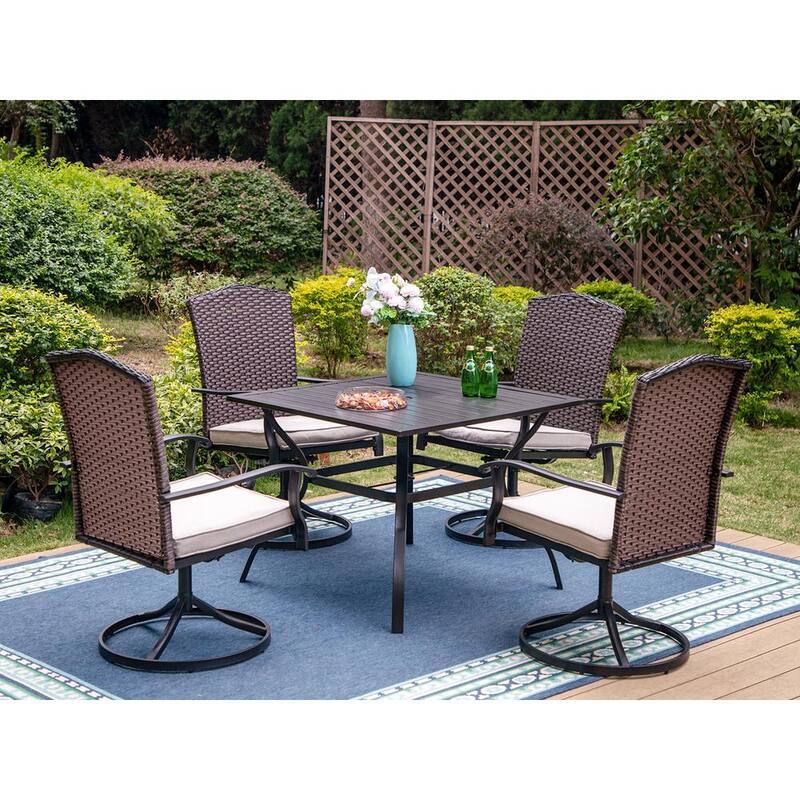 Black 5-Piece Metal Patio Outdoor Dining Set with Slat Table and Rattan Chairs with Beige Cushion-Paradise Island Wear