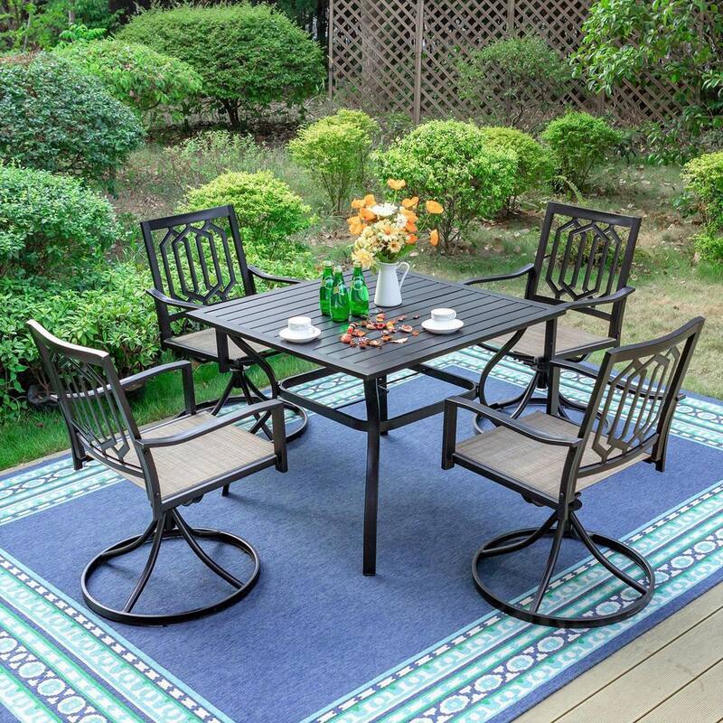 5-Piece Black Metal Outdoor Patio Dining Set with Slat Table and Fashion Swivel Chairs-Paradise Island Wear
