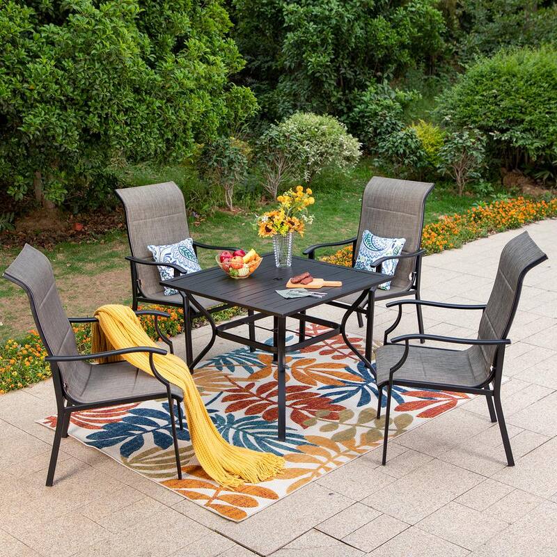 Black 5-Piece Metal Slat Table Patio Outdoor Dining Set with Padded Chairs-Paradise Island Wear