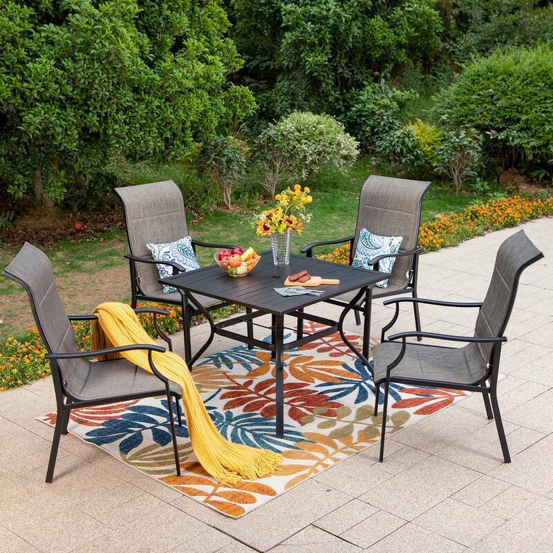 Black 5-Piece Metal Slat Table Patio Outdoor Dining Set with Padded Chairs-Paradise Island Wear