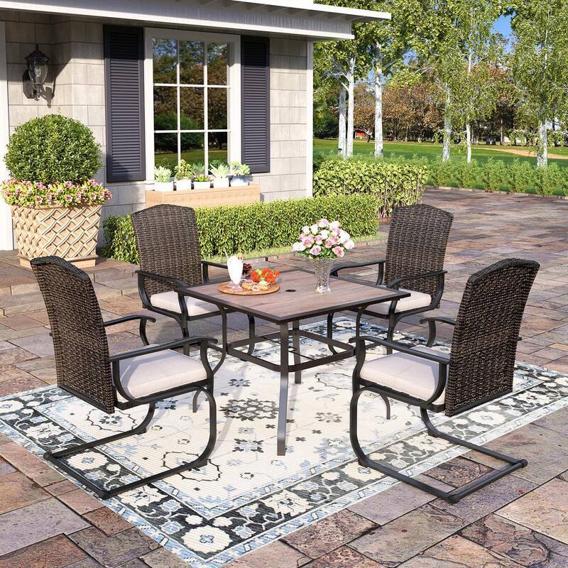 Black 5-Piece Metal Patio Outdoor Dining Set with Wood-Look Table and Rattan Chairs with Beige Cushion-Paradise Island Wear