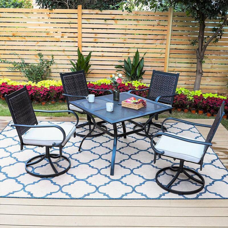 Black 5-Piece Metal Patio Outdoor Dining Set with Table and Rattan Swivel Chairs with Beige Cushion-Paradise Island Wear