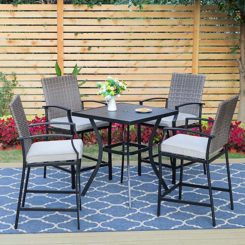 Black 5-Piece Metal Outdoor Bistro Patio Bar Set with Slat Bar Table and Rattan Bistro Chairs with Beige Cushion-Paradise Island Wear