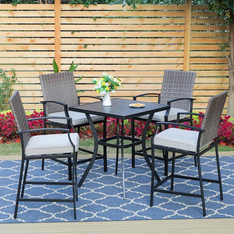 Black 5-Piece Metal Outdoor Bistro Patio Bar Set with Slat Bar Table and Rattan Bistro Chairs with Beige Cushion-Paradise Island Wear