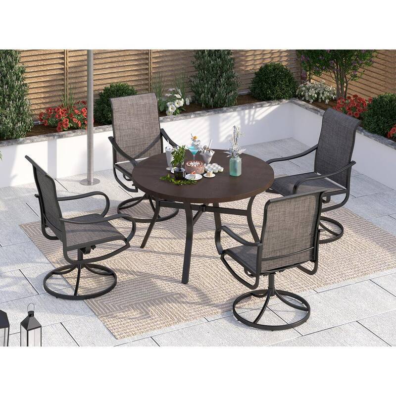 Black 5-Piece Metal Patio Outdoor Dining Set with Wood-Look Round Table and Swivel Chairs-Paradise Island Wear