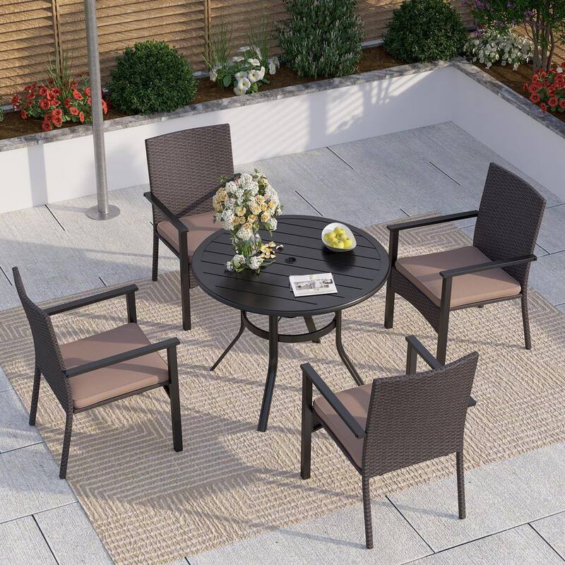 Black 5-Piece Metal Slat Round Table Patio Outdoor Dining Set with Rattan Chairs with Beige Cushion-Paradise Island Wear