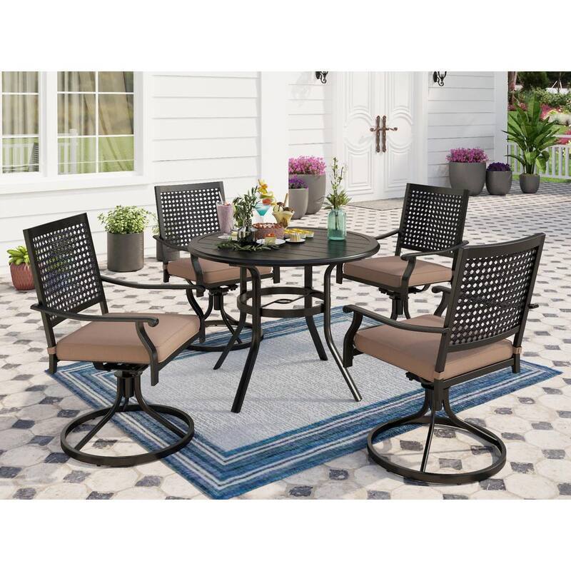 5-Piece Aluminum Patio Outdoor Dining Set with Round Slat Table and Bull's Eye Pattern Swivel Chairs with Beige Cushions-Paradise Island Wear