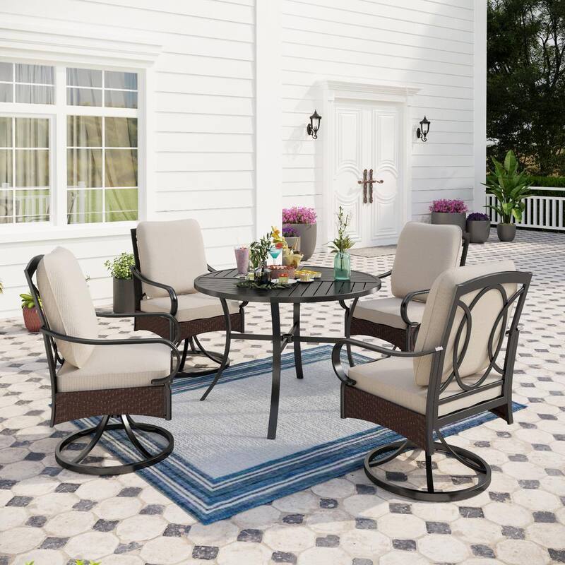 5-Piece Metal Patio Outdoor Dining Set with Beige Cushions with 4 Swivel Dining Chairs and Round Dining Table-Paradise Island Wear