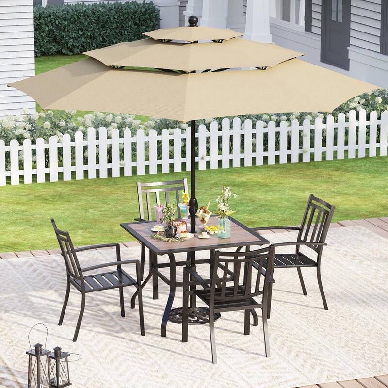 Black 6-Piece Metal Outdoor Patio Dining Set with Umbrella and Wood-Look Table and Stripe Stackable Chairs-Paradise Island Wear