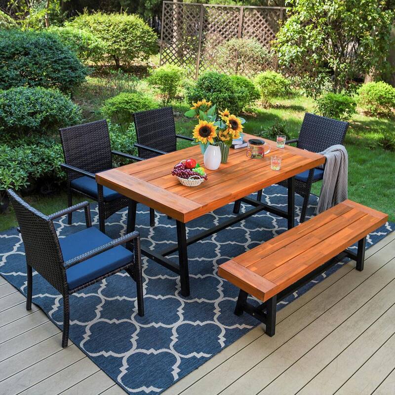 Black 6-Piece Metal Patio Acacia Wood Outdoor Dining Set with Rectangular Table, 4 Rattan Chairs and Long Bench-Paradise Island Wear