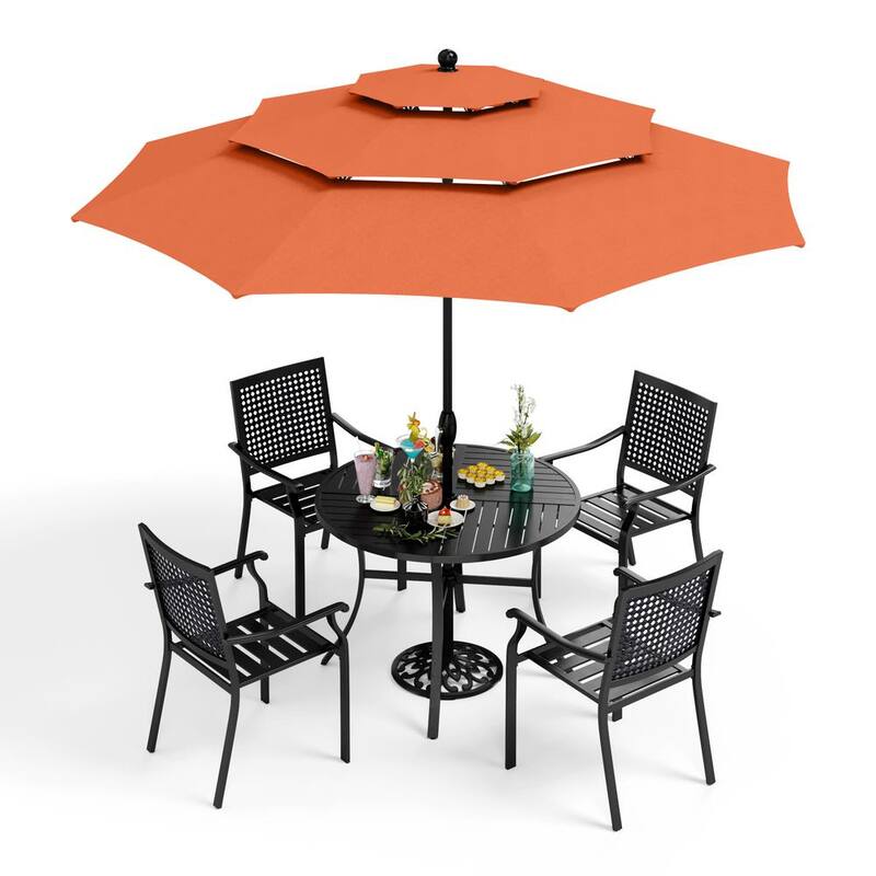 6-Piece Metal Patio Outdoor Dining Sets with Red Orange Umbrella-Paradise Island Wear