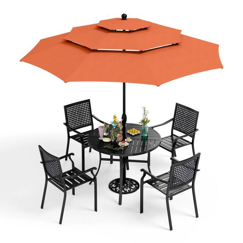6-Piece Metal Patio Outdoor Dining Sets with Red Orange Umbrella-Paradise Island Wear