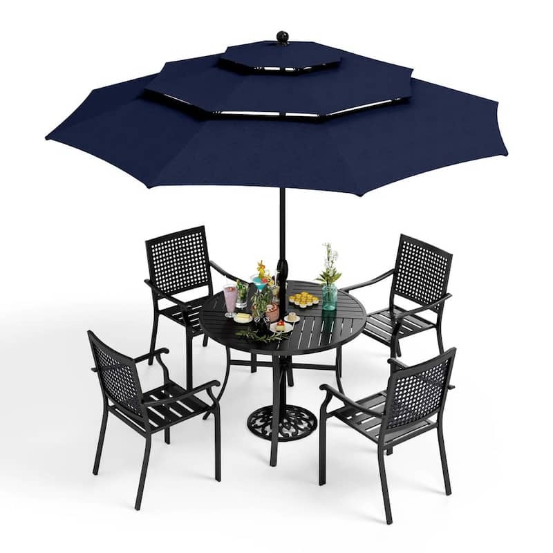 6-Piece Metal Patio Outdoor Dining Sets with Navy Umbrella-Paradise Island Wear