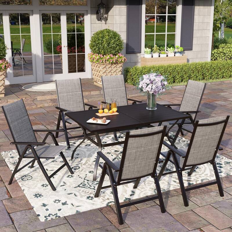 Black 7-Piece Metal Slat Table Patio Outdoor Dining Set with Gery Folding Reclining Padded Sling Chairs-Paradise Island Wear