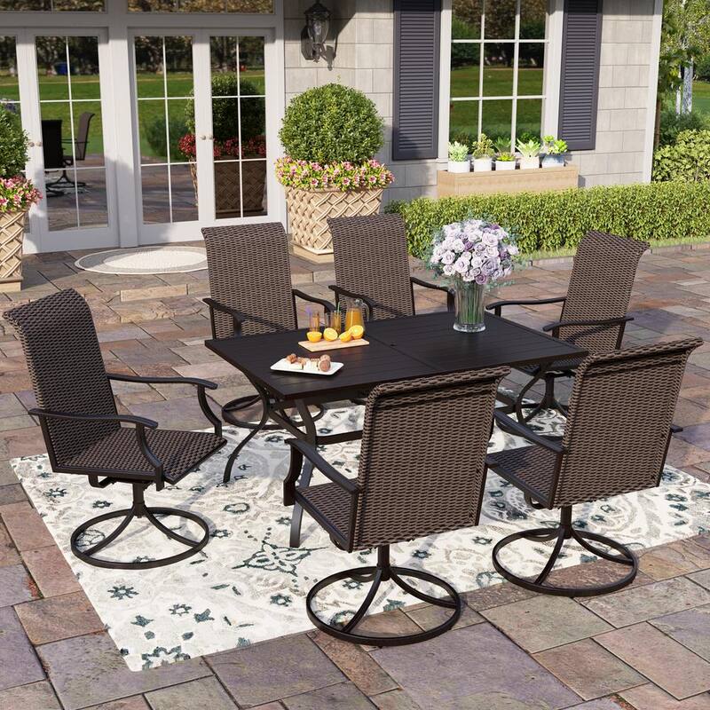 7-Piece Patio Outdoor Dining Set with Rectangle Slat Table and Rattan Swivel Chair-Paradise Island Wear
