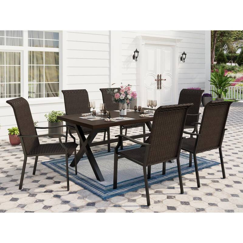 7-Piece Rattan Patio Outdoor Dining Set with Wood-look Pattern Metal Rectangle Table and Wave Armrest High- Chairs-Paradise Island Wear