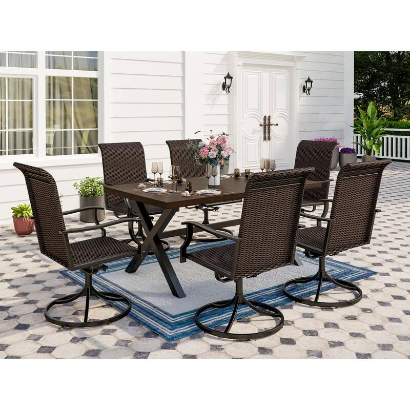 7-Piece Patio Outdoor Dining Set with Wood-Look Pattern Metal Rectangle Table and Rattan Swivel Chair-Paradise Island Wear