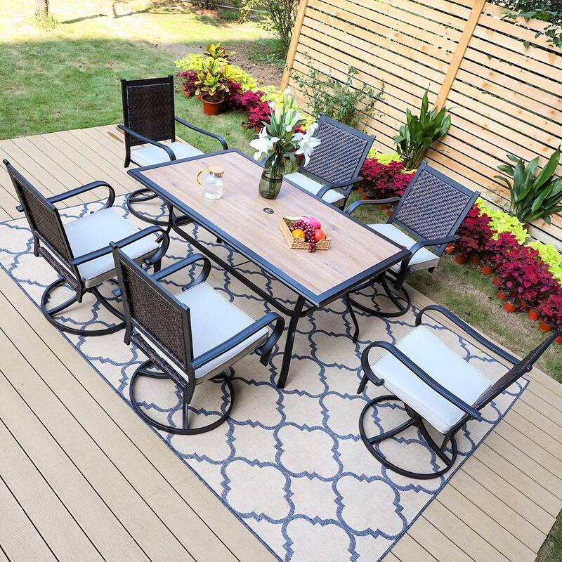 Black 7-Piece Metal Patio Outdoor Dining Set with Wood-Look Umbrella Table and Rattan Swivel Chairs with Beige Cushion-Paradise Island Wear