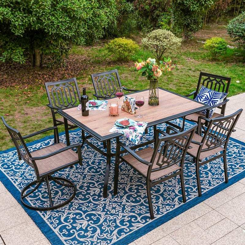 Black 7-Piece Metal Patio Outdoor Dining Set with Wood-Look Rectangle Table and Fashion Chairs-Paradise Island Wear
