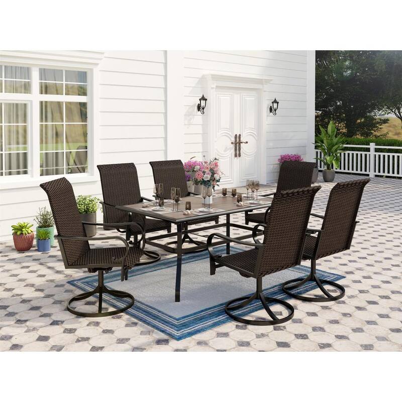 Black 7-Piece Metal Patio Outdoor Dining Set with Wood-Look Umbrella Table and Rattan High Swivel Chairs-Paradise Island Wear