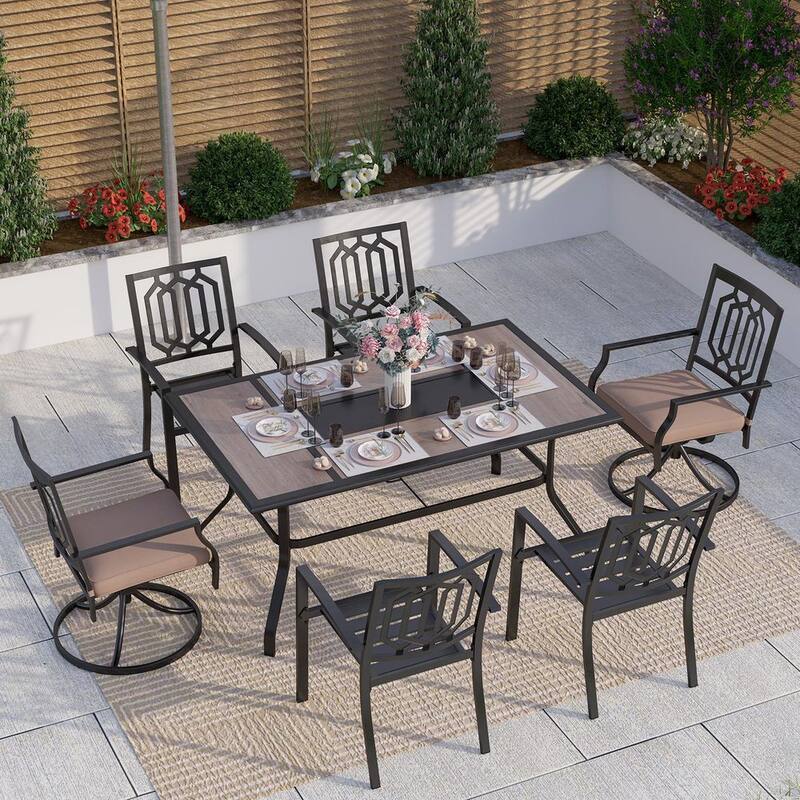 Black 7-Piece Metal Patio Outdoor Dining Set with Geometric Rectangle Table and Fashion Chairs with Beige Cushion-Paradise Island Wear