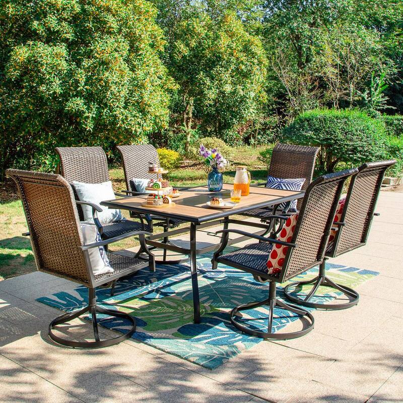 7-Piece Patio Outdoor Dining Set with Rectangle Wood-Look Tabletop and Rattan Swivel Chair-Paradise Island Wear