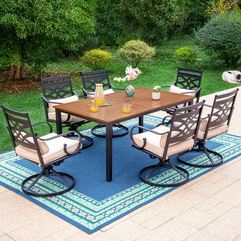 7-Piece Metal Outdoor Dining Set with Brown Slat Table-Top and Cast Iron Pattern Swivel Chairs with Beige Cushions-Paradise Island Wear