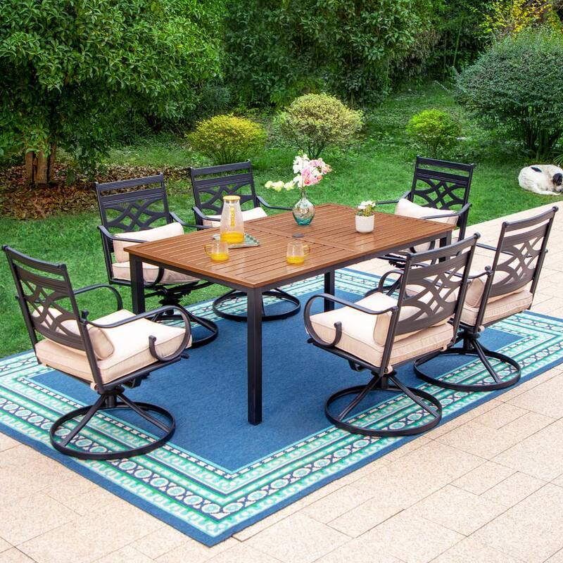 7-Piece Metal Outdoor Dining Set with Brown Slat Table-Top and Cast Iron Pattern Swivel Chairs with Beige Cushions-Paradise Island Wear