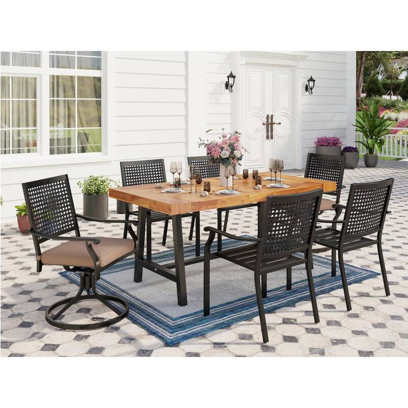 Black 7-Piece Metal Patio Outdoor Dining Set with Wood Dining Table and Swivel Chairs with Beige Cushions-Paradise Island Wear