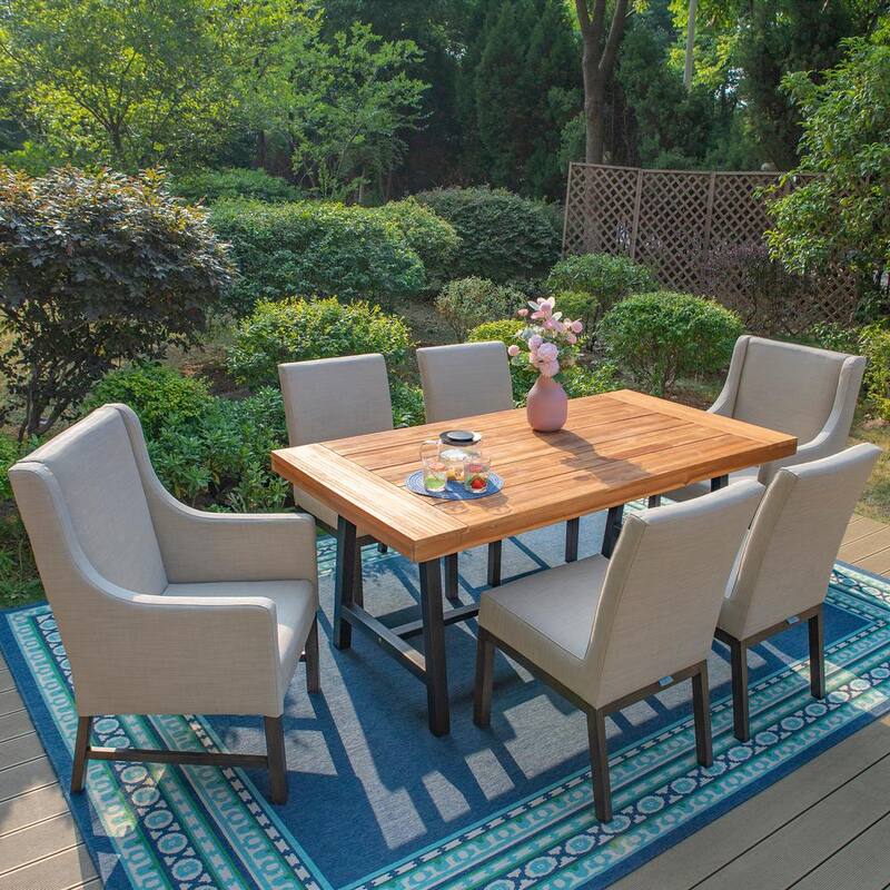 7-Piece Metal Patio Outdoor Dining Set with Wood Dining Tabletop and Fabric Padded Chairs-Paradise Island Wear