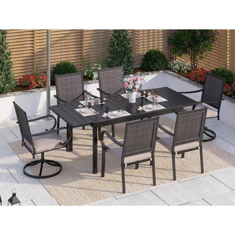 Black 7-Piece Metal Patio Outdoor Dining Set with Extendable Table and Rattan Arm Chairs with Beige Cushion-Paradise Island Wear