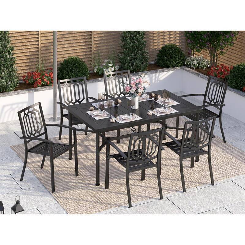 Black 7-Piece Metal Outdoor Patio Dining Set with Straight-Leg Rectangle Table and Fashion Stackable Chairs-Paradise Island Wear